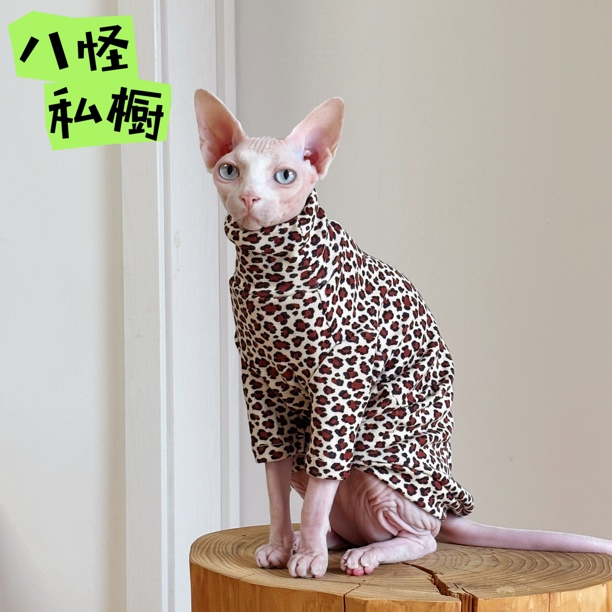 手工制作无毛猫德文猫纯棉弹力透气亲肤豹纹高领衫