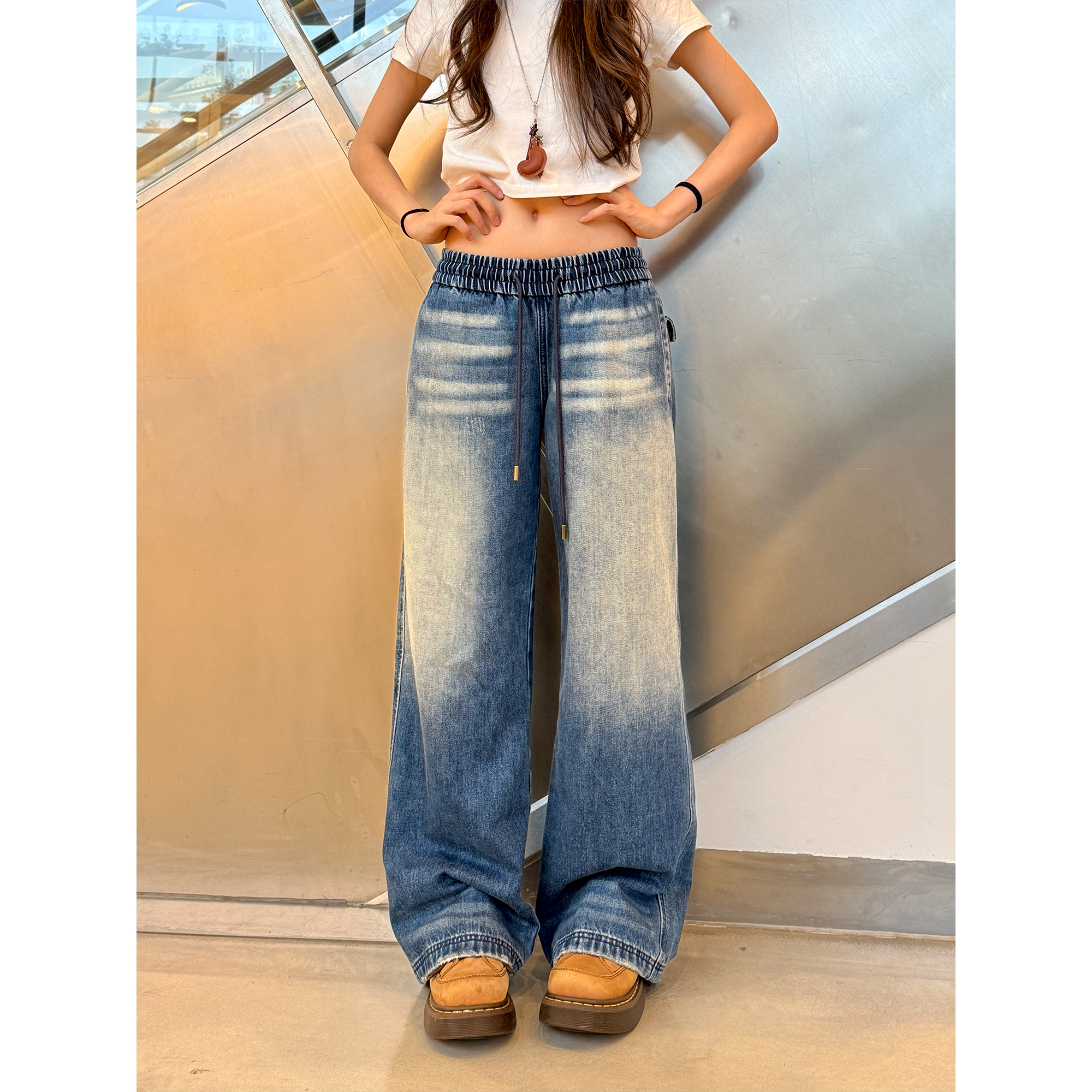 CC.CBL美式复古抽绳松紧腰直筒宽松水洗做旧牛仔裤街头休闲个性