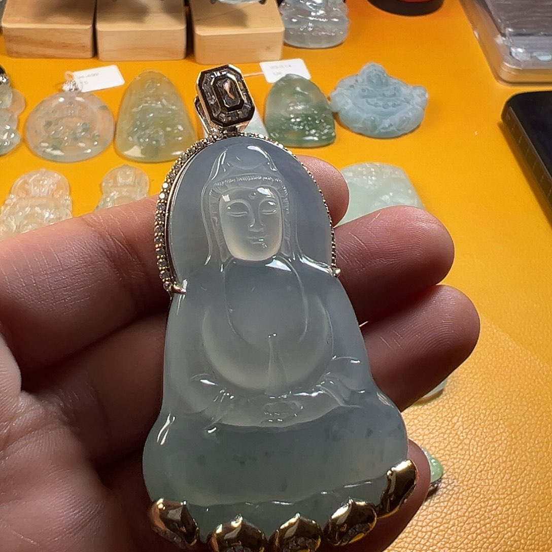 翡翠银S925镶嵌颈饰冰飘蓝花素衣