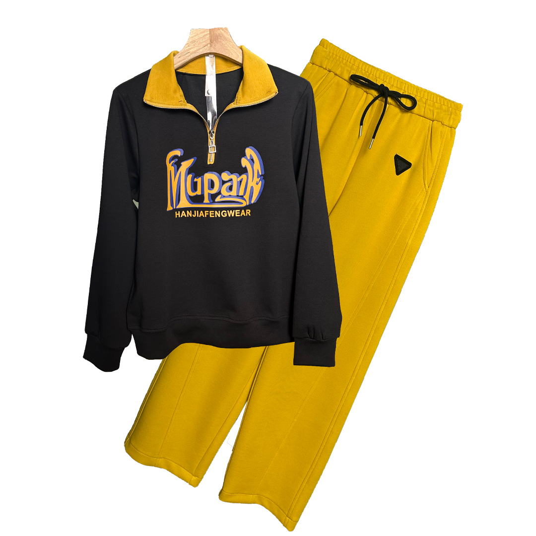 女士翻领时尚休闲亮色套装棉妈妈装春装套装长袖上衣直筒裤套装