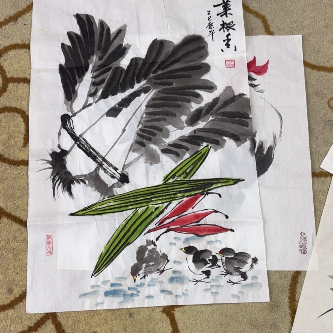 国画四尺三开花鸟作品艺