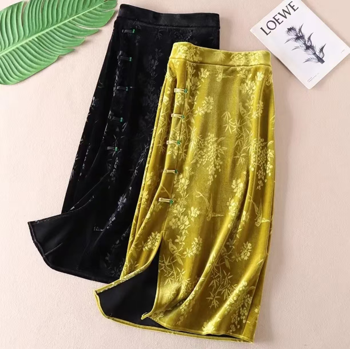 阙竹半身裙厚款 新中式国风高腰显瘦丝绒压花半身裙