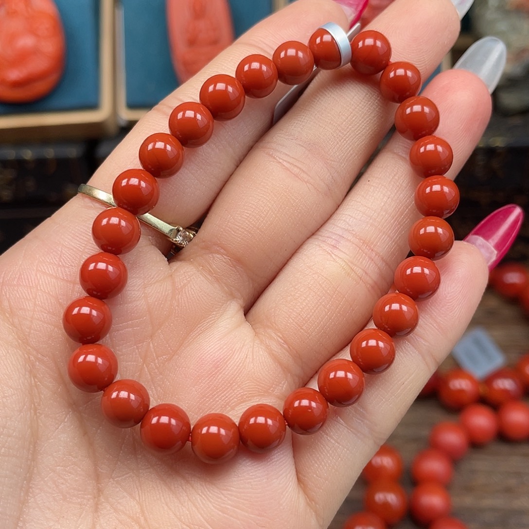 南红玛瑙未镶嵌手串放漏 瓦西满肉卡7mm+
