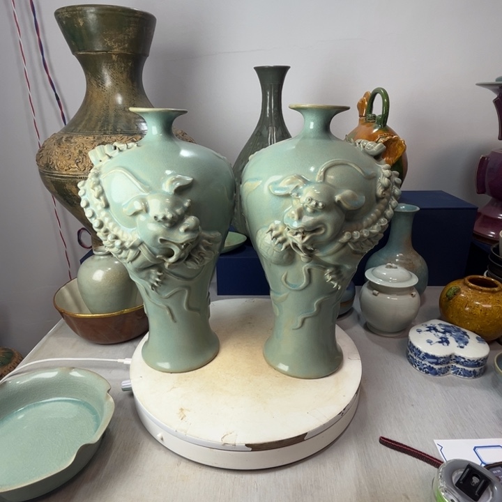 摆件曲*汝窑梅瓶摆件一对