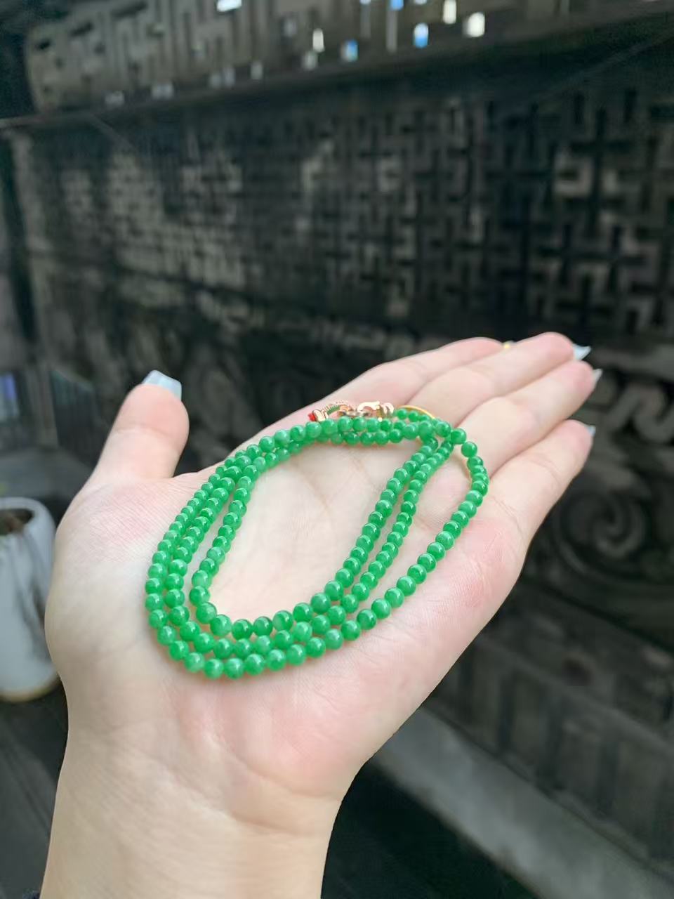 纯天然缅甸翡翠A货阳绿小米珠项链卡3.1