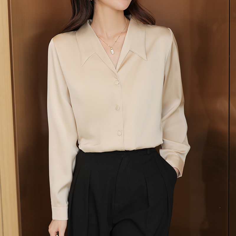 韩版Polo领缎面长袖衬衫女士气质通勤百搭衬衣职业OL春季上衣服