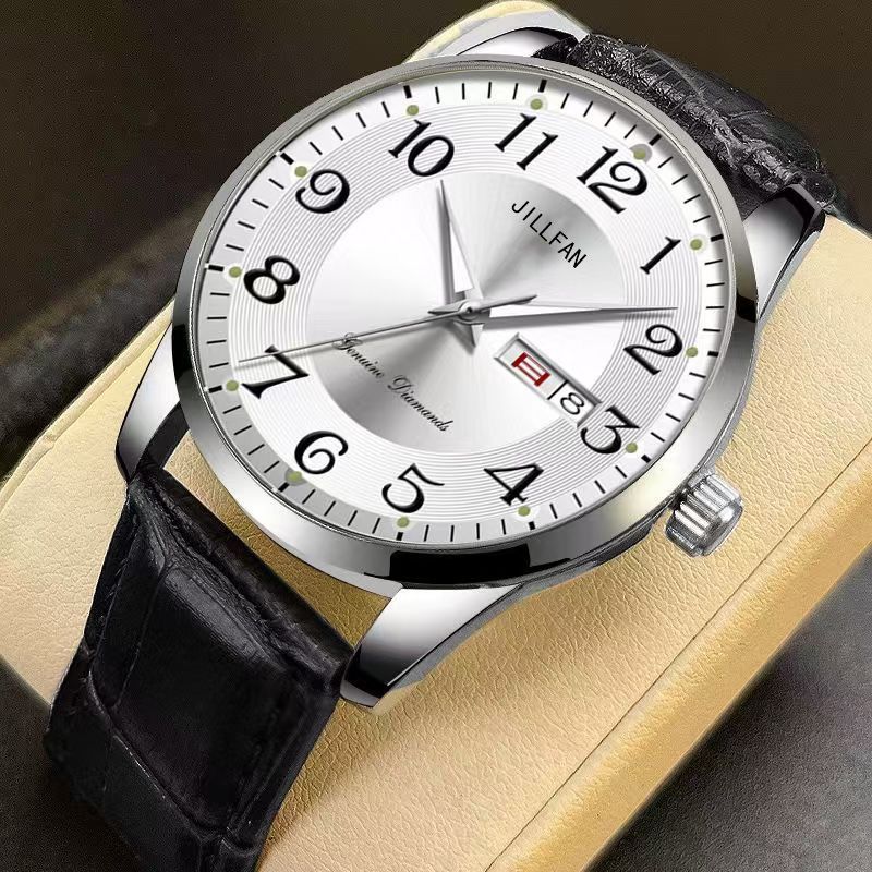 618白银黑皮带-MOLIDIAN腕表夜光大数字表盘高档简约商务男士手表