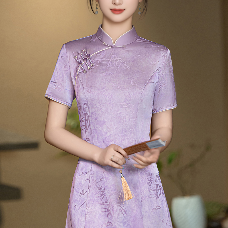 夏装喜婆婆婚宴装2025新款高贵年轻紫色旗袍妈妈礼服平时可穿夏季