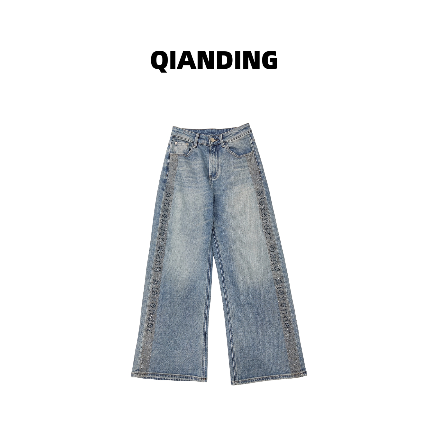 【QIANDING】【舞台巨星】重工水洗镶钻显瘦时尚百搭牛仔裤F547