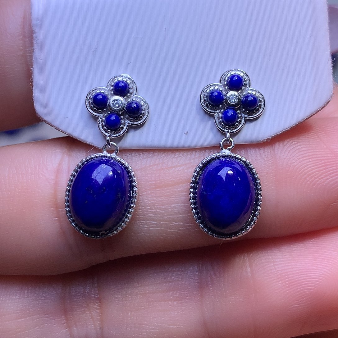 青金石银S925镶嵌耳饰