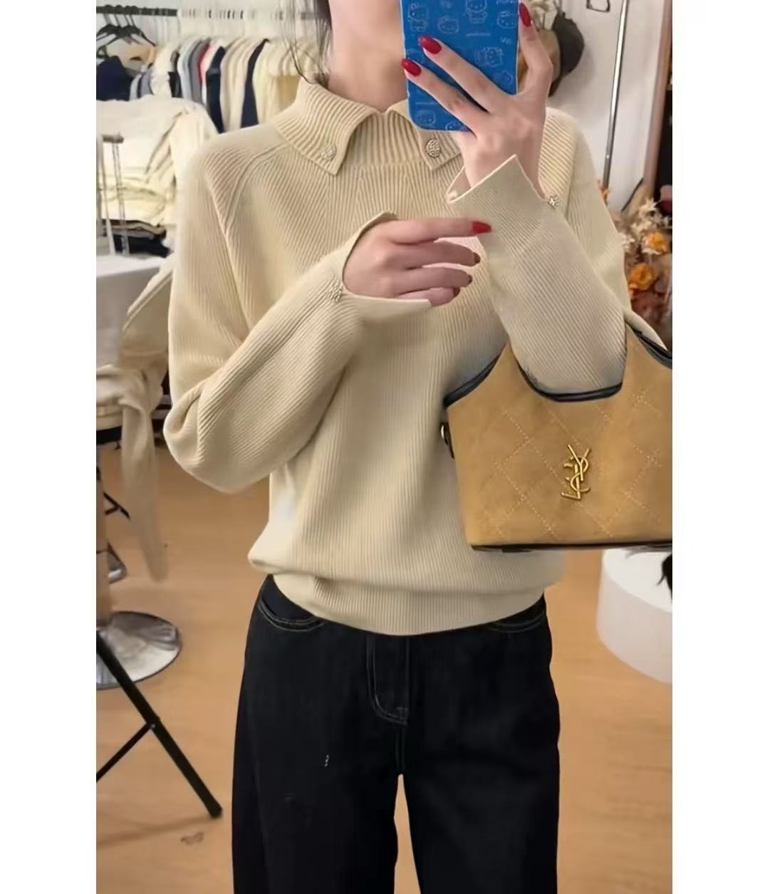 法式翻领长袖针织衫女2025新款超好看冬装内搭可外穿加厚打底毛衣