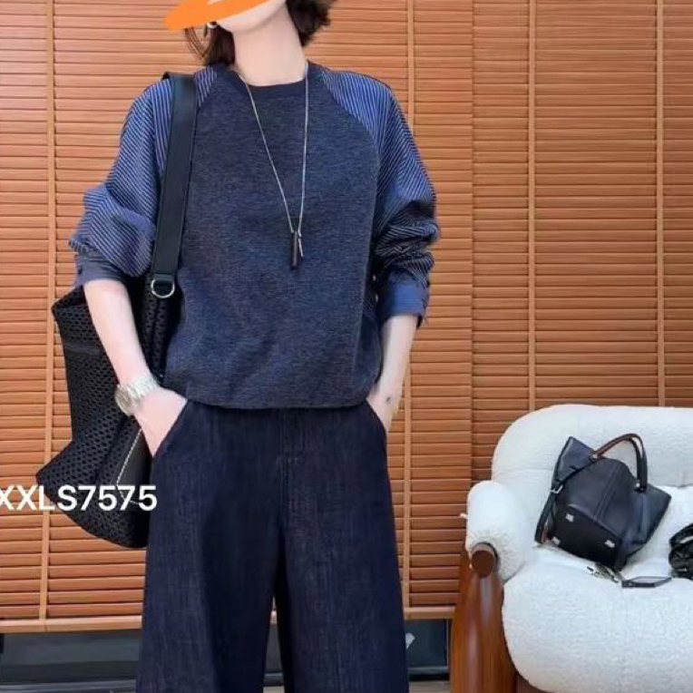 春季秋季条纹女长袖薄款拼接卫衣春秋复古圆领显瘦
