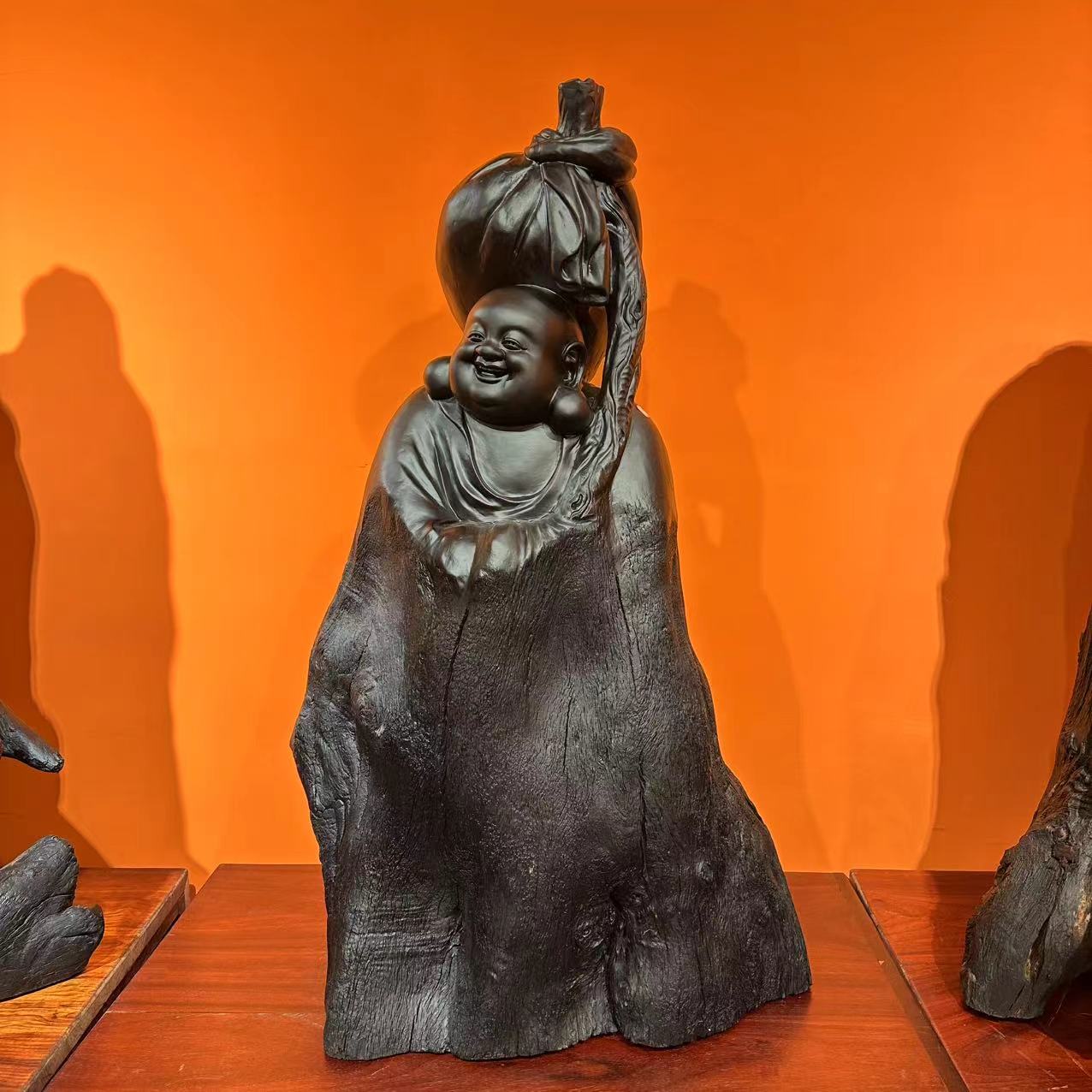 《福袋·弥勒》鸡翅木手工雕刻摆件 尺寸：65-50-109