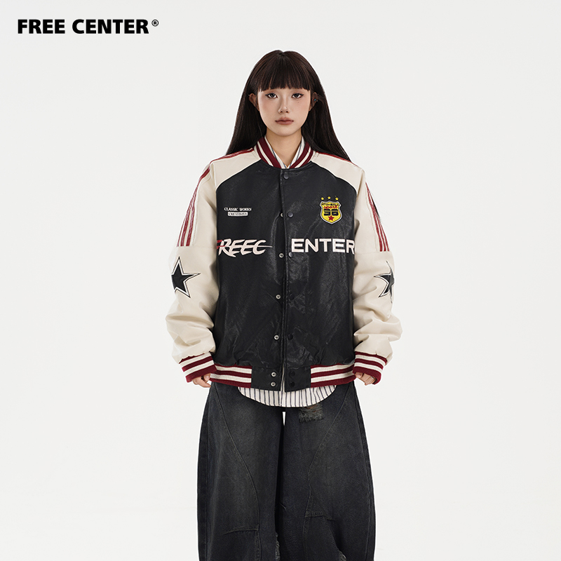 Free Center美式复古拼接棒球服加厚夹棉皮衣男女冬季棉衣外套潮
