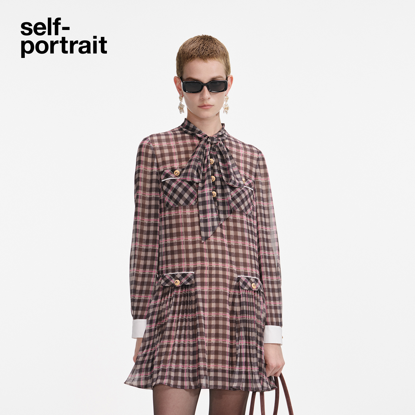 self-portrait 2025秋冬新款驼格纹甜美通勤蝴蝶结雪纺连衣裙