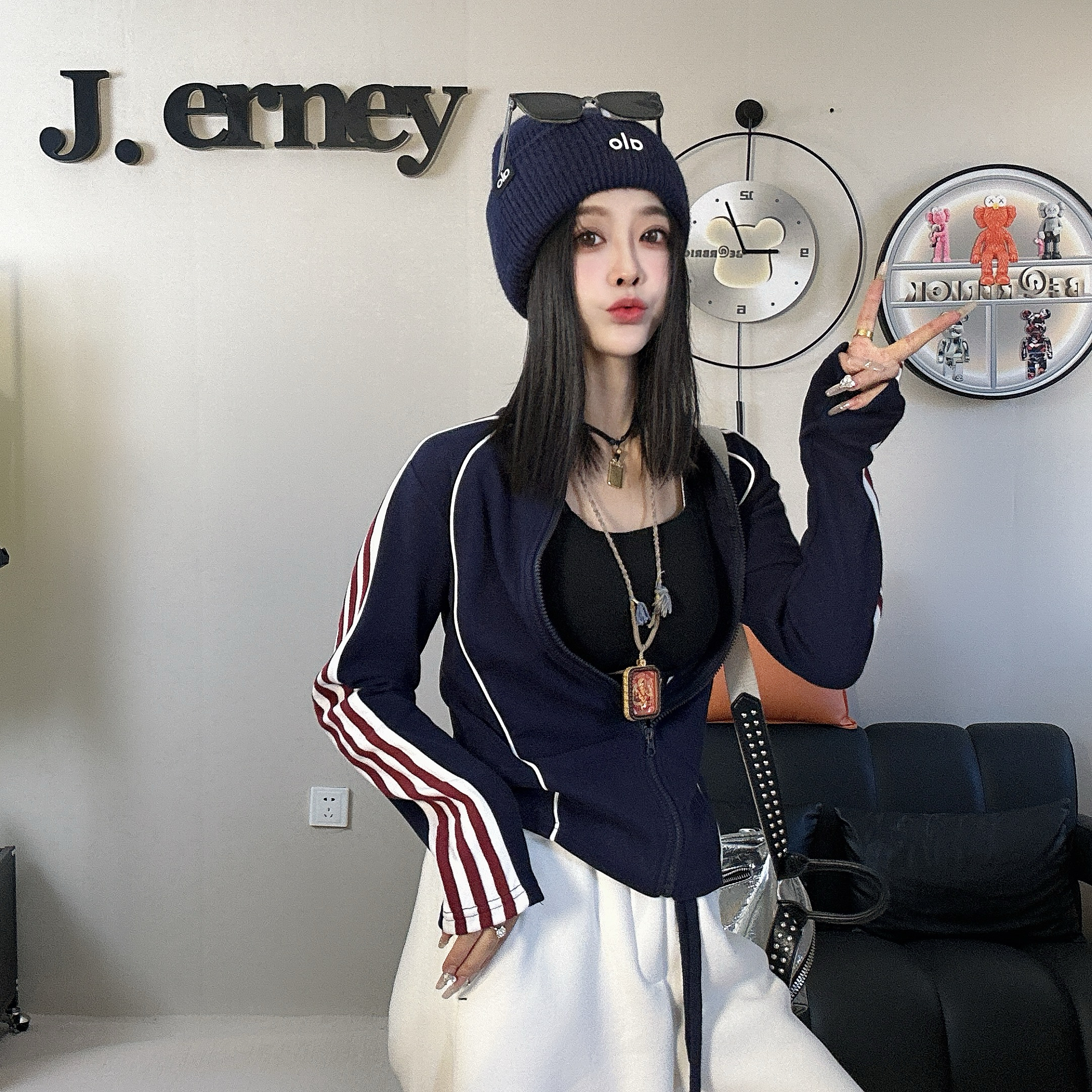 欧货2025秋季新款拼接条纹拉链开衫t恤女长袖时尚修身显瘦上衣潮