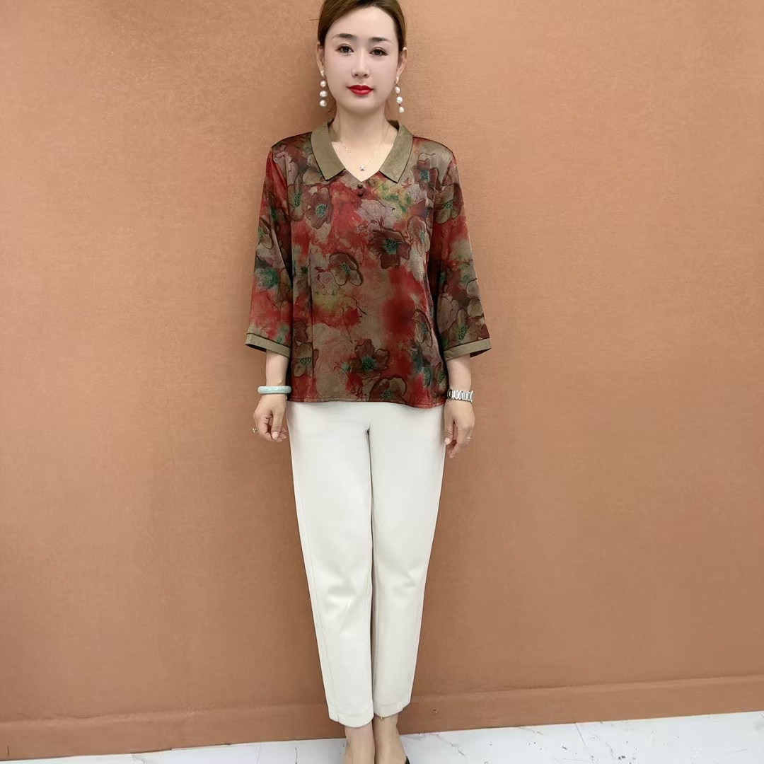 复古秋款宽松印花极简风街头风显瘦翻领中老年女装