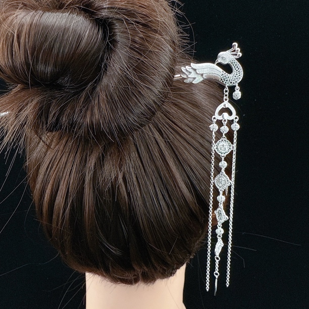 足银银制品 足银999吉祥如意花丝凤凰回头发簪