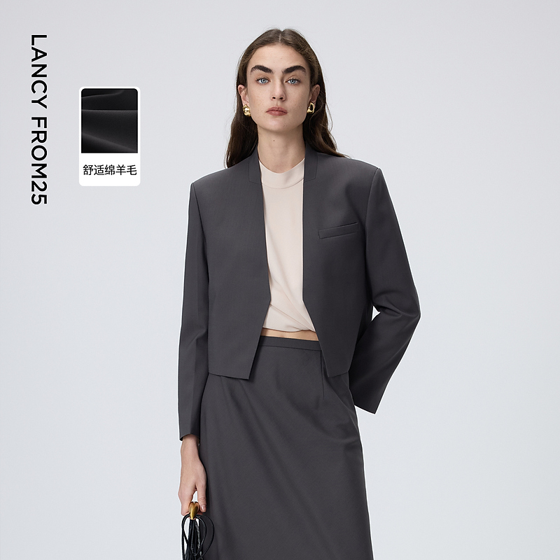 朗姿羊毛无领短外套气质通勤百搭开衫上衣商务风2026年春季新款女