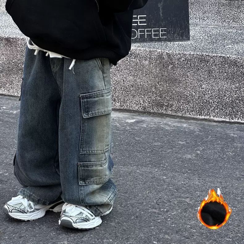 童装男童加绒牛仔裤秋冬季儿童时尚洋气工装裤男孩渐变一体绒裤子