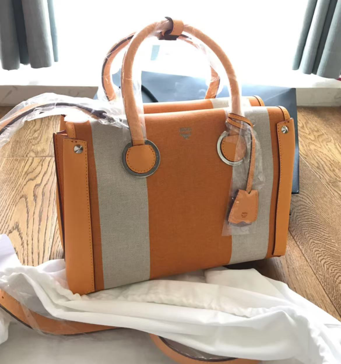 95新 MCM mcm黄白拼色波士顿手提单肩包