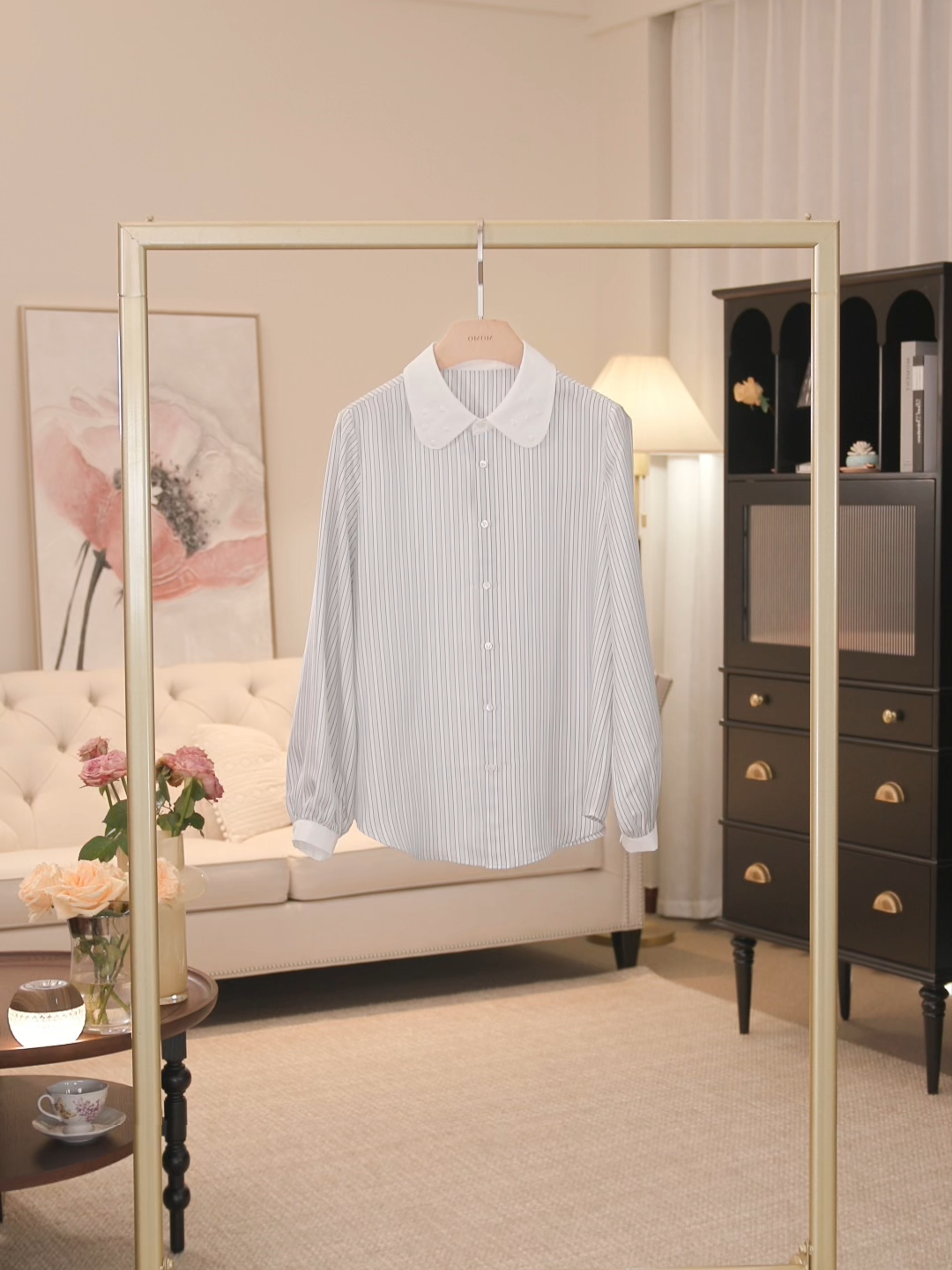 【暖心价】“ 蓝白条相册 ”娃娃领淡蓝竖条纹真丝衬衫