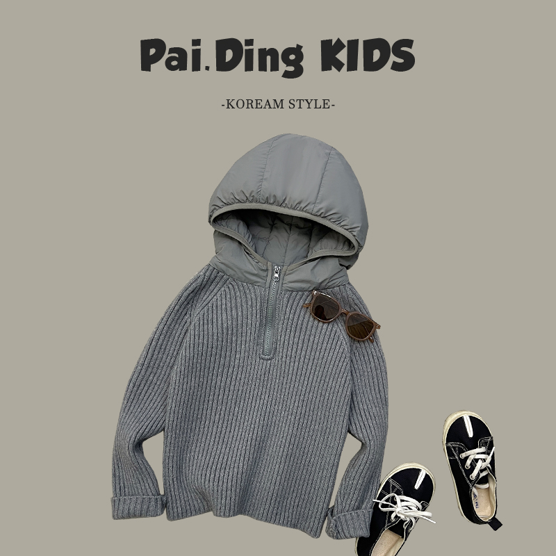 【小首尔】现货-qc8秋冬装儿童韩版拼接连帽针织毛衣HCXZ3676