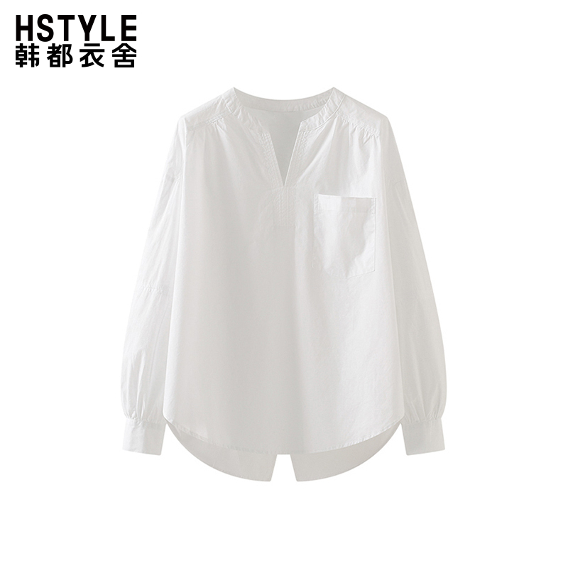 韩都衣舍白色春季设计感V领长袖套头衬衫女宽松别致衬衣新款高级
