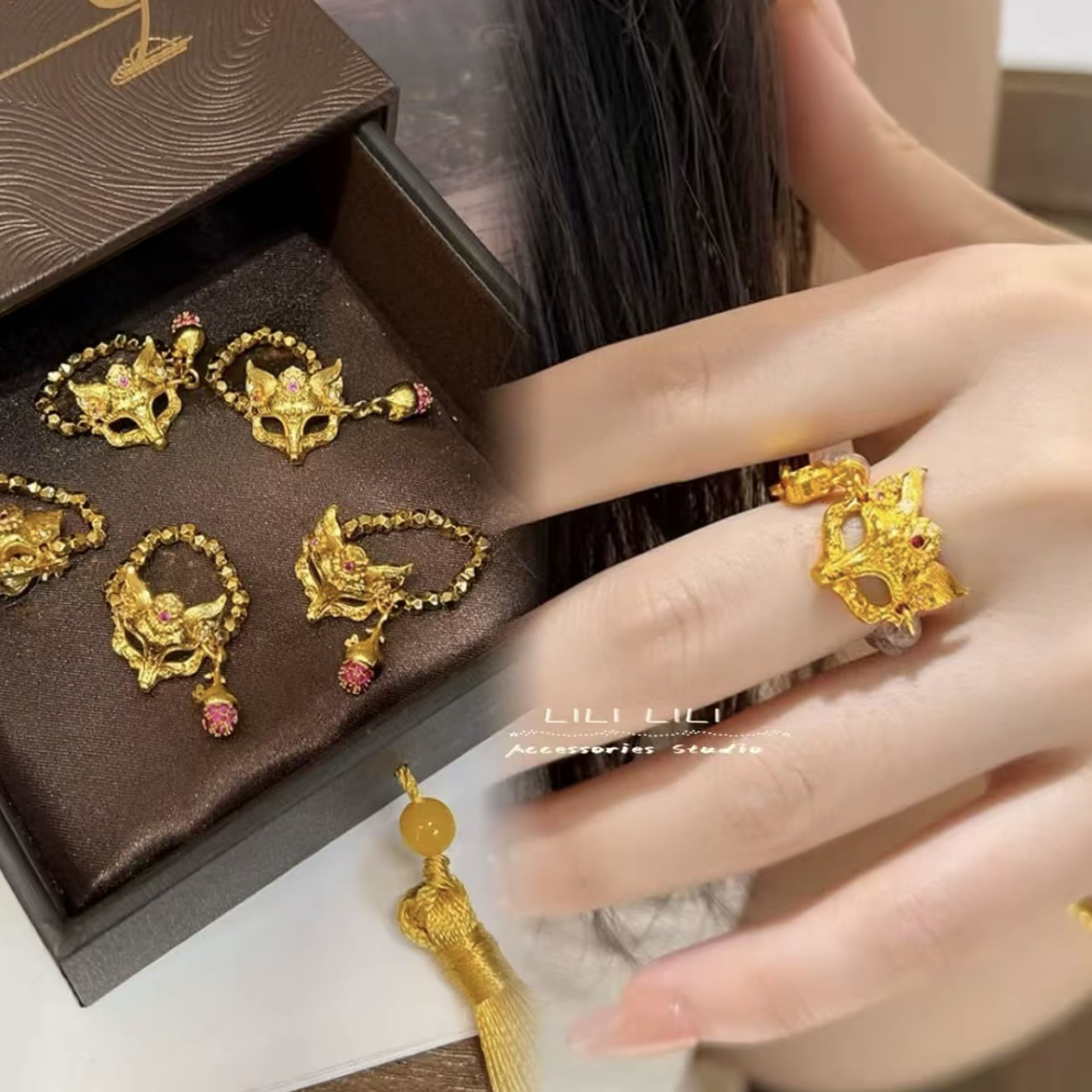 铜合金戒指 新中式狐狸面具火龙果钻女轻奢宫廷风高级感食指环