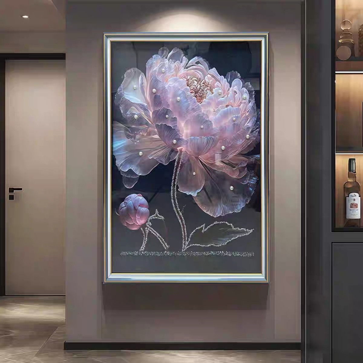 A70钢化玻璃《盛世芳华》牡丹花实物立体装饰画沙发画立体玄关画