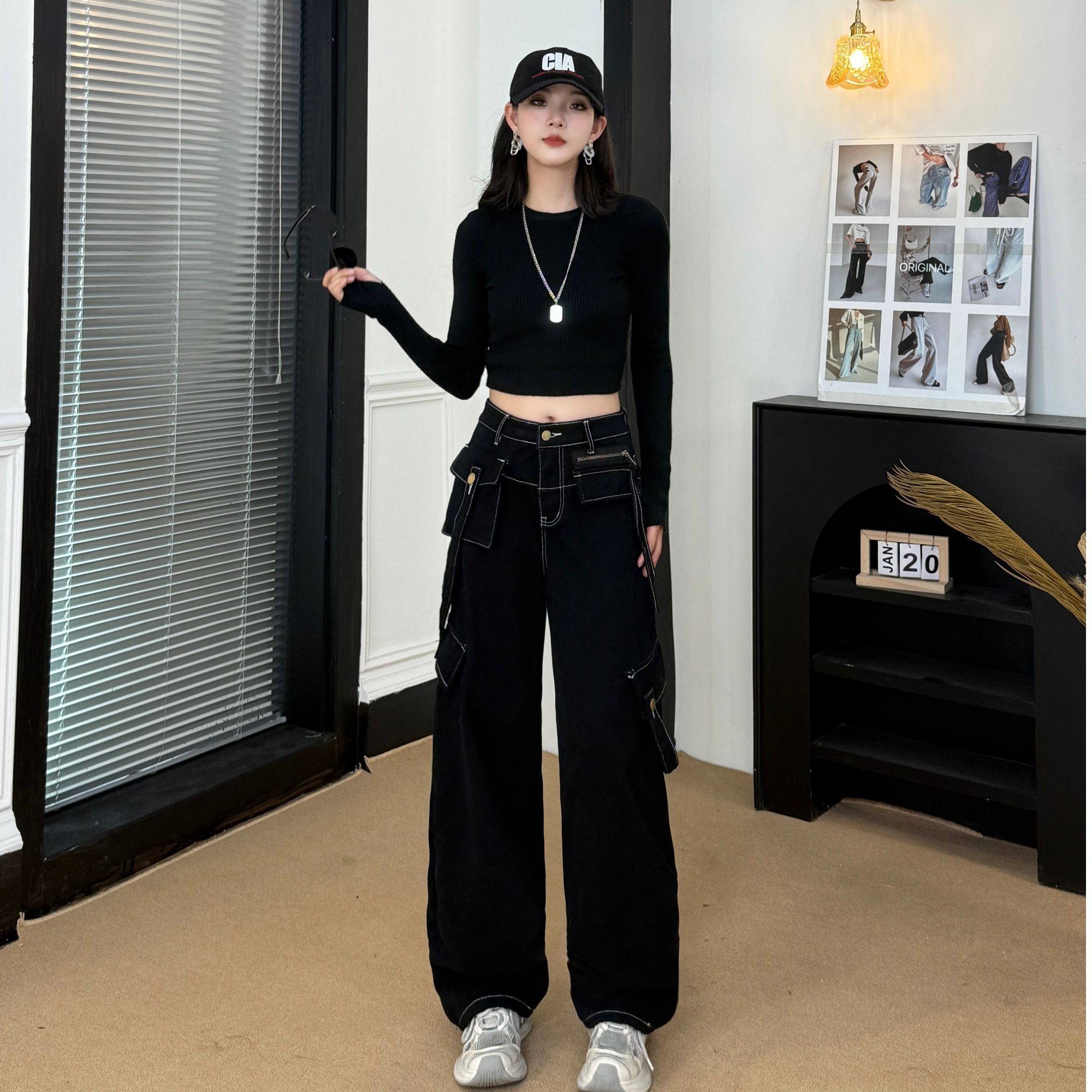 秋冬加绒高腰女2025设计感宽松显瘦韩版美式休闲工装弯刀裤牛仔裤