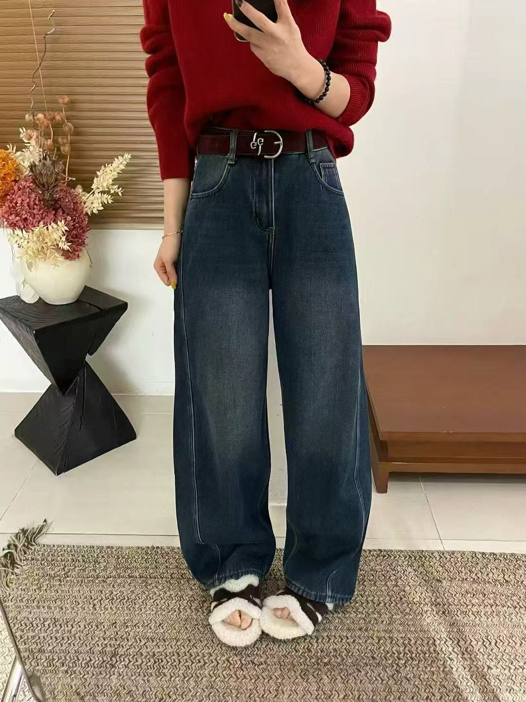 欧洲站2025冬款高腰显瘦弯刀牛仔裤女加厚植绒宽松阔腿拖地长裤子