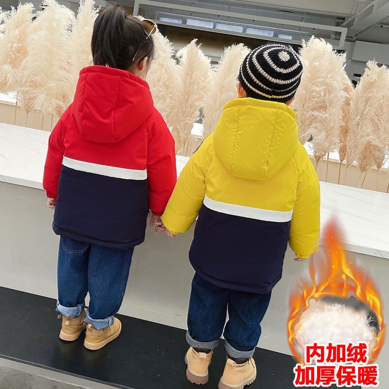 bala正品 羽绒服男童女童中长款洋气小童宝宝拼接加绒保暖 连帽