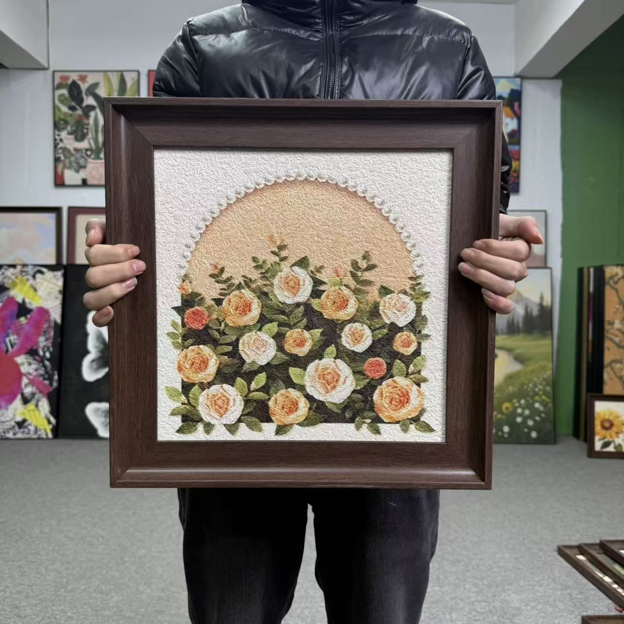 法式复古奶油风玫瑰花装饰画适用于卧室客厅玄关柜斗柜摆台4040