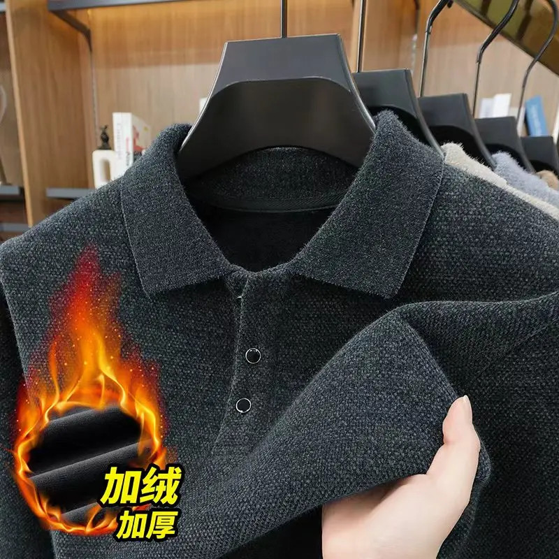新款雪貂一体绒加绒加厚翻领带扣POLO衫长袖毛衣冬季男士针织保暖