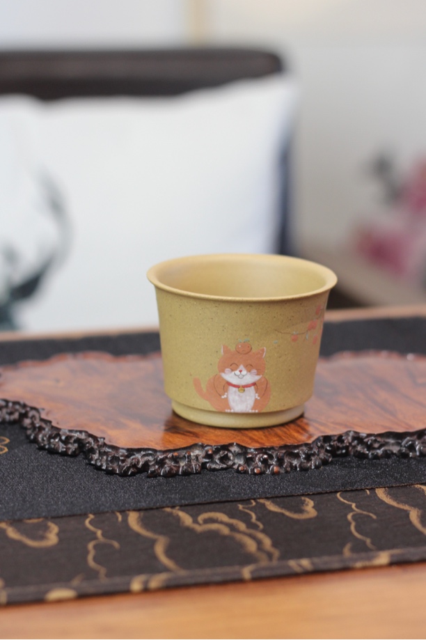 原矿段泥紫砂主人杯 马蹄杯 猫咪图案140ml