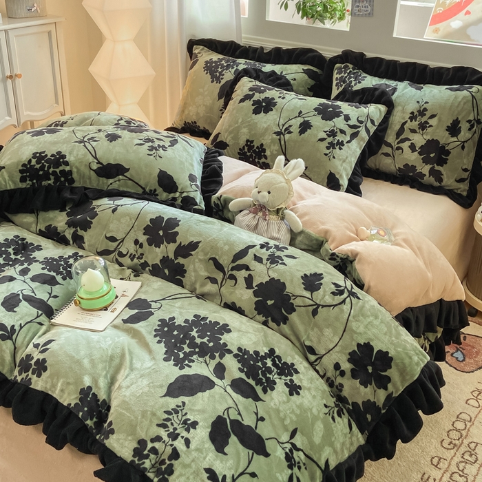 2025新款小香风赫本风ins风大牌韩版大花边轻奢牛奶绒四件套