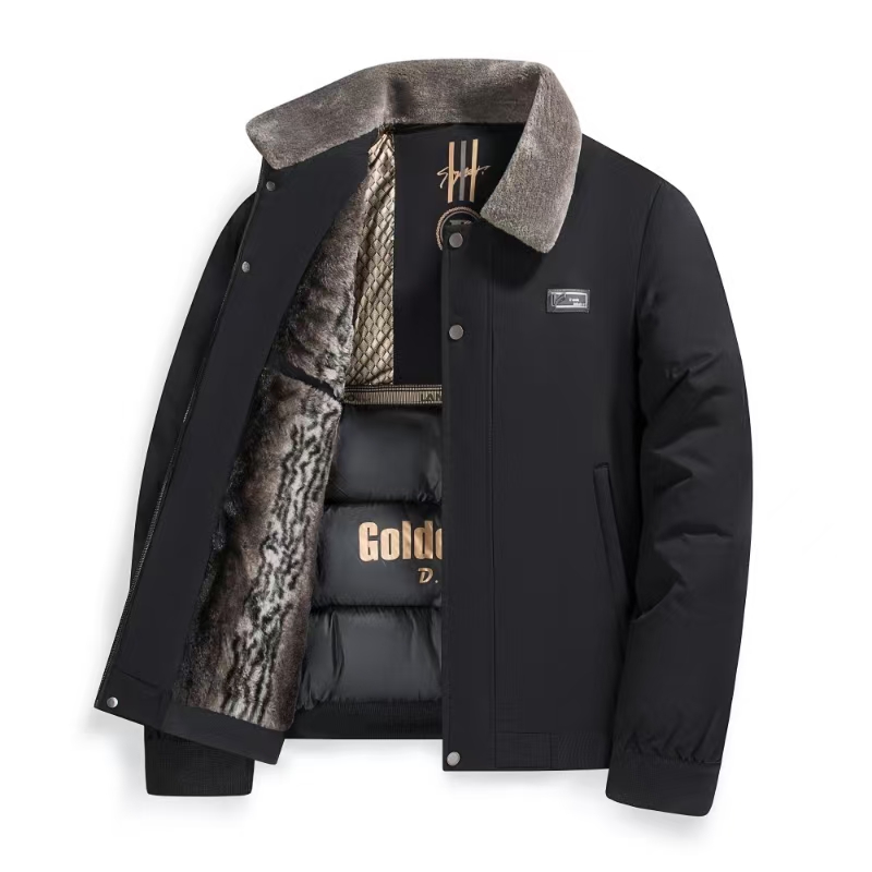 男士宽松夹克型拉链纯色保暖加绒加棉棉服棉衣短款商务毛领加绒