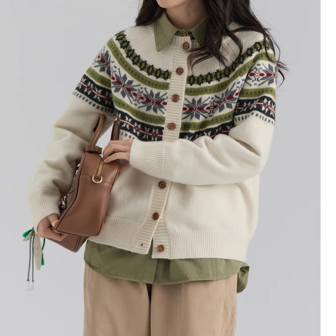 冬季费尔岛圆领提花工艺针织开衫（小个子定制）