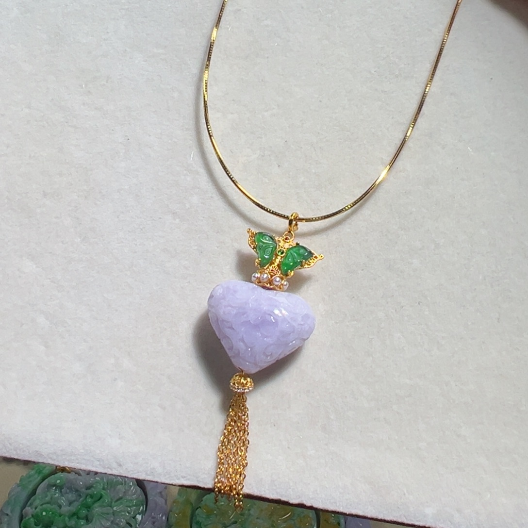 翡翠未镶嵌毛衣链紫翡屁桃爱心