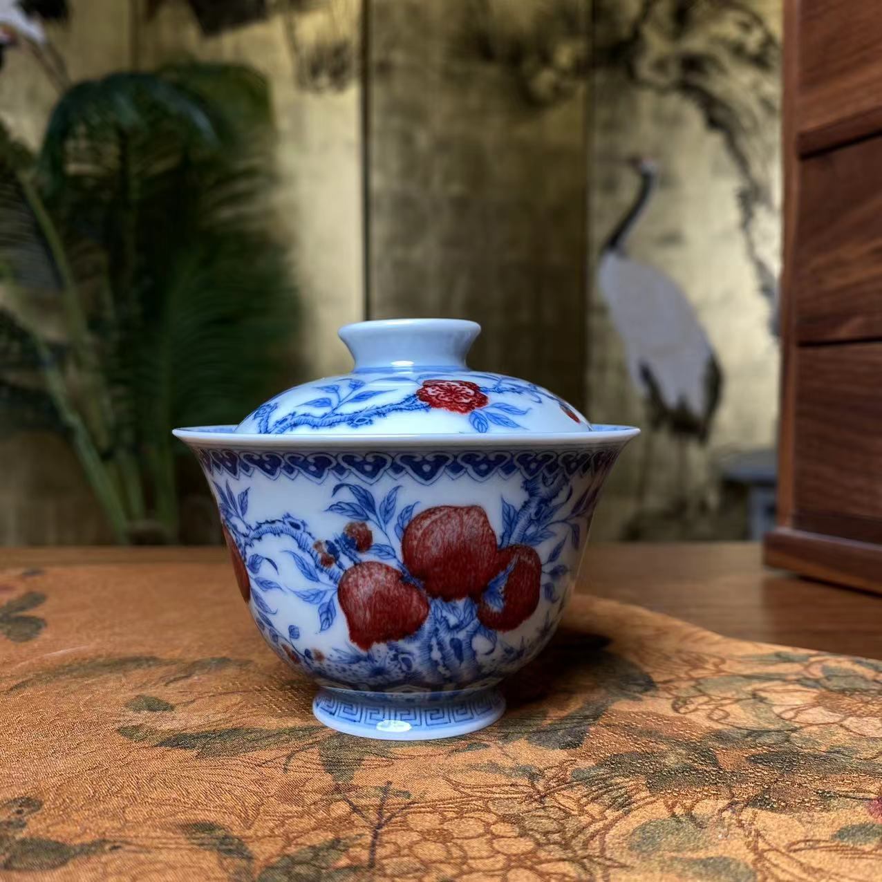 【瓷见如故】屹朴 青花釉里红寿桃盖碗（yipu115）