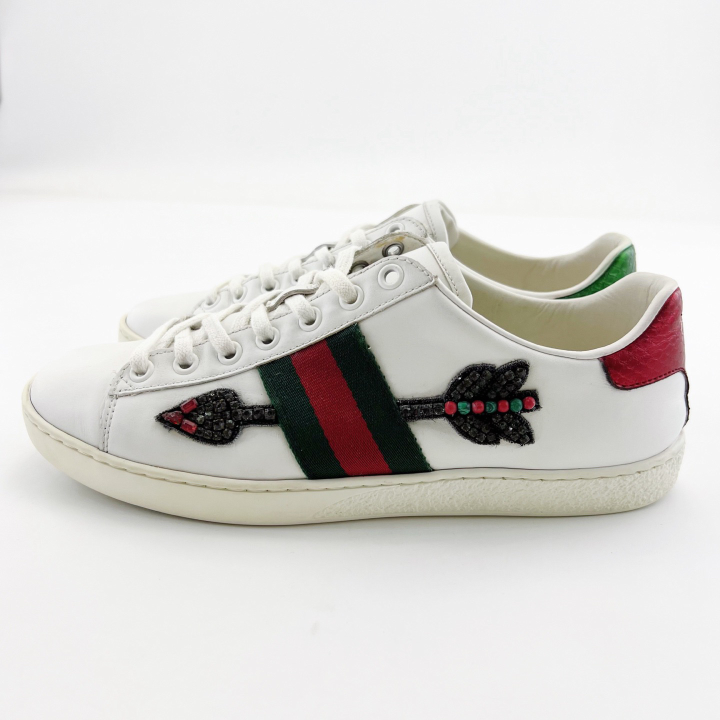 95新 GUCCI/古驰 37码/白色碎钻箭矢低帮系带小白鞋/14311208