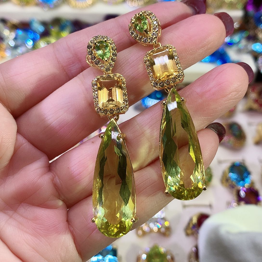 黄晶耳饰银S925镀金镶嵌