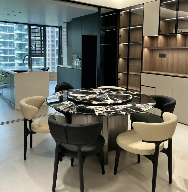 宝格丽黑奢石餐桌轻奢极简意式家用圆形简约饭桌子高级感餐桌