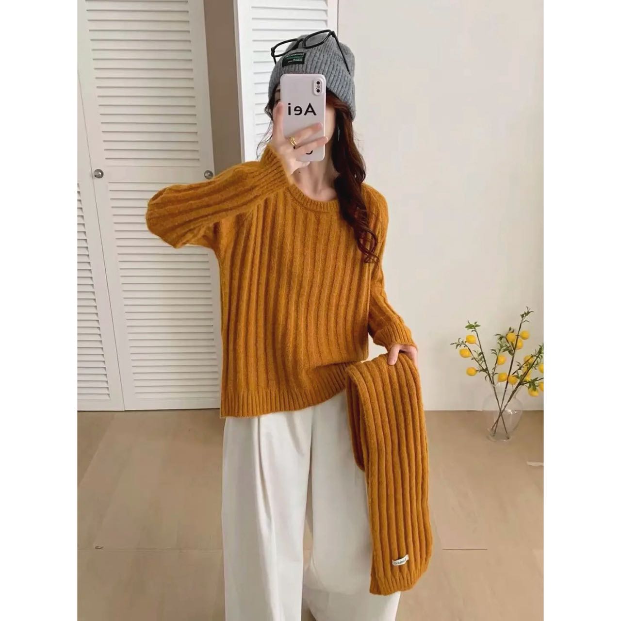 秋冬松弛感慵懒风软糯圆领抗条纯色套头毛衣+同色系围巾83060#0.1