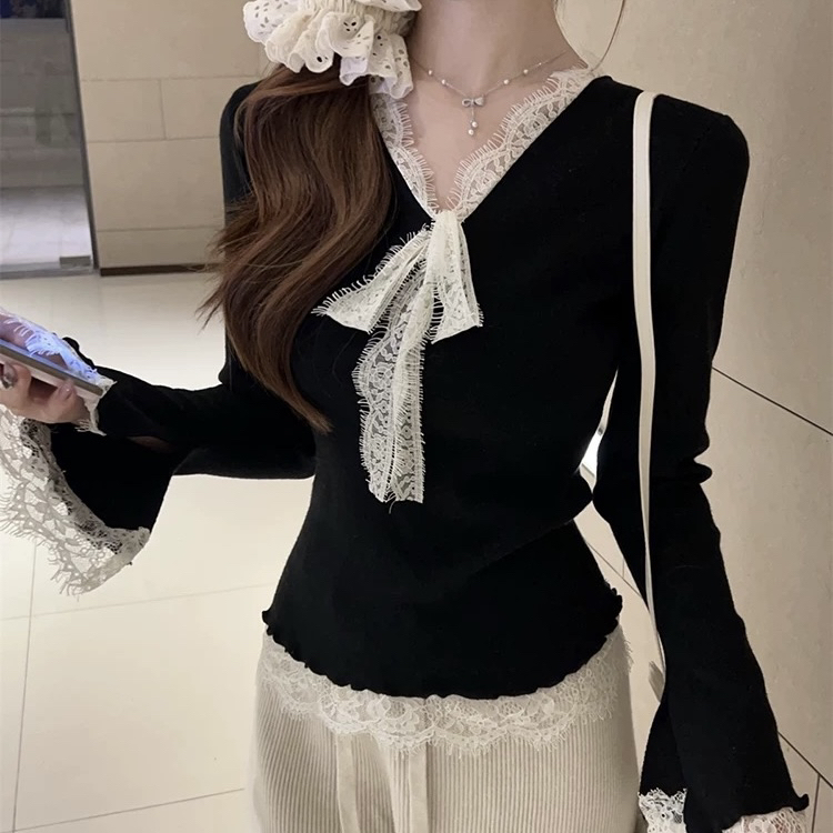 法式蕾丝拼接蝴蝶结系带针织衫女2025秋冬新款纯欲修身显瘦上衣