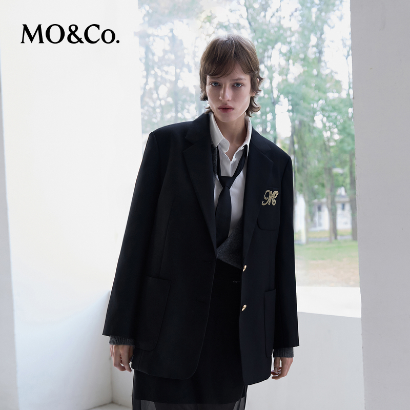 【达人专享】MOCO西装2025春含绵羊毛平驳领垫肩外套MBE1BLAT03