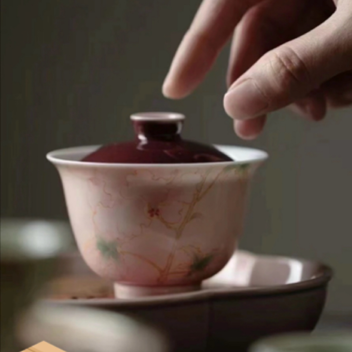 无落-桃粉-晴微盖碗-月季花 泡茶碗釉下彩