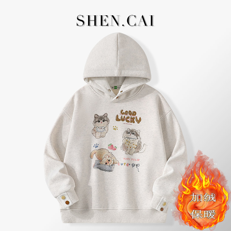 女童加绒连帽卫衣秋冬洋气青少年卡通宽松休闲连帽衫学生加厚衣服