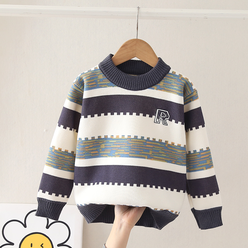 2025秋冬新款男童一体绒加绒加厚毛衣打底中大童保暖套头圆领女童